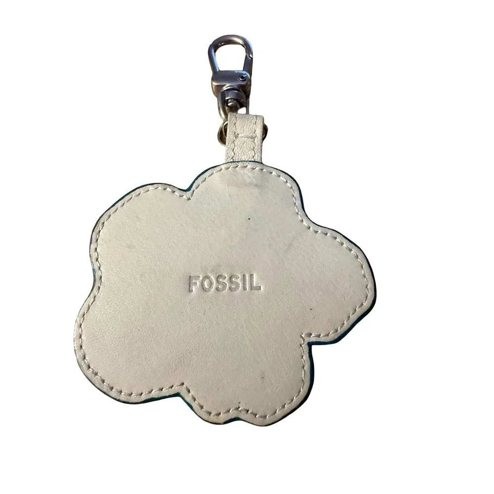 FOSSIL white blu Leather Hibiscus Flower Brass Ring Key Ring Bag Purse Charm Tag
